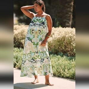 Anthropologie & De Loreta Festivo Strapless Printed Flounce Midi Dress